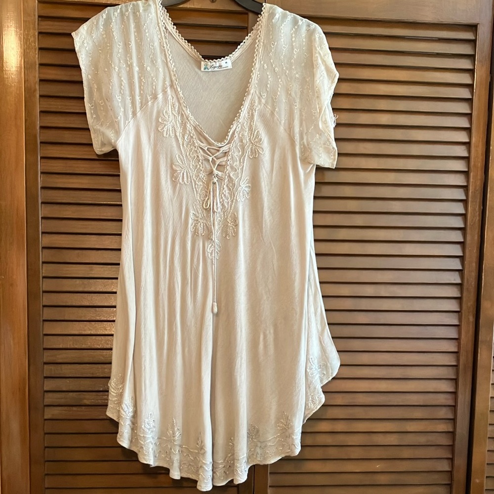 Cream Ruched Asymmetrical Short Sleeve Blouse